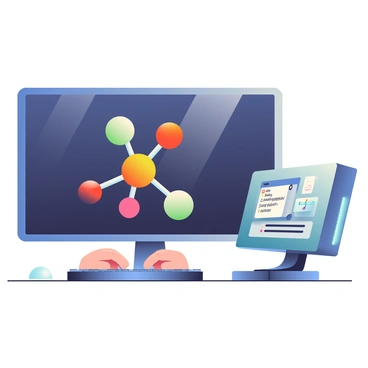 A detailed 3D model of a molecule is displayed on a large computer screen. The molecule is shown in vibrant colors, with distinct atoms represented by spheres of different sizes, connected by thin, bright lines indicating bonds. The background of the screen is dark, allowing the model to stand out prominently. Nearby, a sleek, modern computer with a glowing blue light on the side is visible. An AI interface is visible on the screen, displaying data analysis and molecular information in clear, concise text boxes. A pair of hands is positioned on the keyboard, actively engaged in the analysis process.