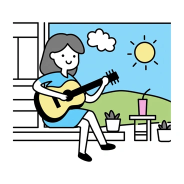 A young girl with long brown hair is sitting on a wooden front porch. She is wearing a light blue dress and has a cheerful expression as she strums an acoustic guitar. The sun is shining brightly, casting warm light across the scene. There are a few potted plants on the porch beside her, and a small wooden table holds a colorful drink. The background shows a well-kept lawn and a clear blue sky.
