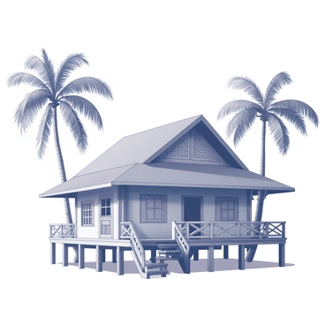 A traditional Malay wooden house with intricate carvings on its exterior. The house features a distinct gable roof and decorative beams. Surrounding the house are several tall palm trees, their fronds swaying gently. The setting evokes a sense of a tropical environment, with the house elevated on stilts, showcasing its traditional architectural style. The overall composition presents a harmonious blend of nature and craftsmanship.