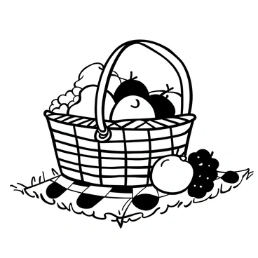 A picnic basket overflowing with various fruits such as apples, grapes, and oranges, placed on a checked cloth spread out on the grass. A shining fourchette is resting on the cloth beside the basket, reflecting the light. The picnic basket has a woven texture, and the fruits are depicted in various sizes and shapes, adding richness to the scene. The checked cloth features a classic pattern, contrasting with the organic shapes of the fruits.