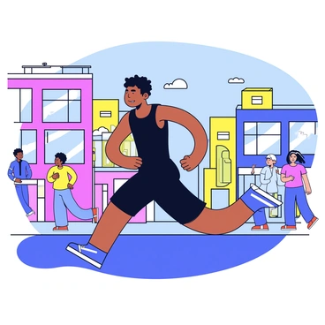 A tall male sprinter with a muscular build, wearing a sleek black athletic outfit, is running through a busy city street. His legs are in mid-stride, showcasing his speed. The urban landscape features colorful buildings with large windows and a clear blue sky. There are blurred lines trailing behind him to indicate his rapid movement. A few pedestrians are visible in the background, watching him as he dashes past.