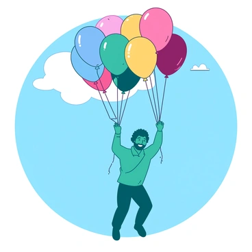 A teal figure resembling "Vadivelu" is soaring high in a clear blue sky, surrounded by a cluster of vibrant balloons in various colors. The balloons are tightly held in both hands, lifting him effortlessly above the ground. Each balloon is a different hue, creating a lively contrast against the soft blue background. The sunlight illuminates the scene, casting gentle shadows on his content expression as he appears to be enjoying the flight.