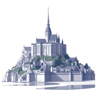 A view of Mont Saint Michel showcasing its distinctive Gothic architectural features. The structure rises dramatically from the surrounding landscape, with pointed arches and intricate flying buttresses visible. Tall spires reach upward, topped with ornate details. The façade displays numerous windows, each adorned with intricate tracery. The surrounding area includes rocky terrain and tidal waters, reflecting the uniqueness of the location. The sky above presents a dramatic atmosphere, emphasizing the grandeur of this architectural masterpiece.