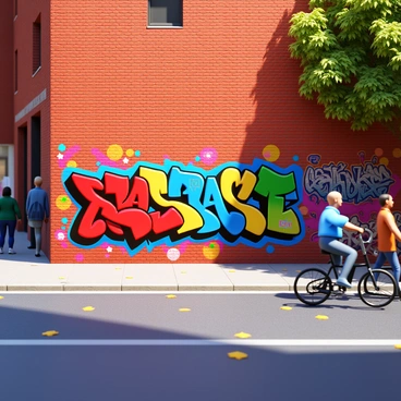 A vibrant urban scene showcasing a brick wall adorned with colorful graffiti art. The graffiti consists of intricate designs and bold lettering in various colors such as red, blue, yellow, and green. The surrounding area is bustling with pedestrians and cyclists. The pavement reflects a lively atmosphere with scattered leaves and urban litter. Sunlight casts dynamic shadows, enriching the visual details of the graffiti and the wall texture.