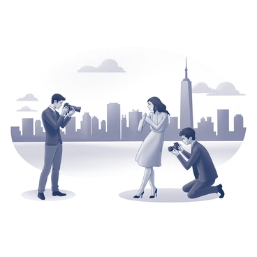 A photographer is positioned with a camera, focusing on a model who is striking a pose. The model is wearing a fashionable outfit that includes a tailored jacket and a flowing dress. The city skyline looms in the background, featuring tall buildings and a vast horizon. The scene captures the energy of an urban environment, with clouds visible in the sky adding depth to the setting. The photographer is crouched slightly, adjusting the angle to frame the model perfectly against the cityscape.