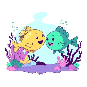 Two bright, cheerful fish are swimming side by side in a vibrant underwater landscape. One fish is a yellow color with intricate fins, while the other is a teal fish with shimmering scales. They are positioned close together, exchanging joyful expressions with wide smiles. Surrounding them are coral formations in a variety of colors, along with small bubbles rising to the surface. The underwater scene is lively, with colorful plants swaying gently in the water, enhancing the cheerful atmosphere.