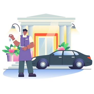 A valet service stand with a valet holding keys to a luxury car in front of a grand hotel