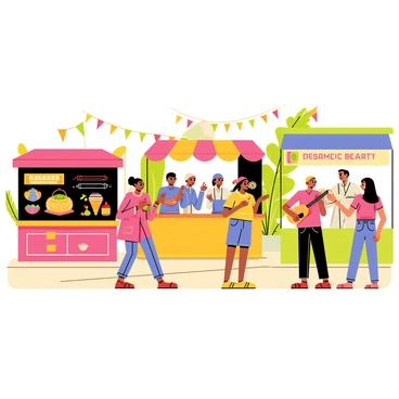 A vibrant cultural festival taking place in a sunny outdoor setting with colorful stalls. One stall displays intricate "Lebanese crafts" such as handwoven textiles and pottery. Nearby, a stage is set up for live performances, where musicians play traditional "Lebanese music" with instruments like the oud and derbakeh. The air is filled with delicious aromas emanating from "traditional food stalls" offering dishes like shawarma, tabbouleh, and za'atar manakish. People of diverse backgrounds are enjoying the festival, engaging in conversation, and tasting the foods. Decorations with "Lebanese flags" and "string lights" add to the festive atmosphere.