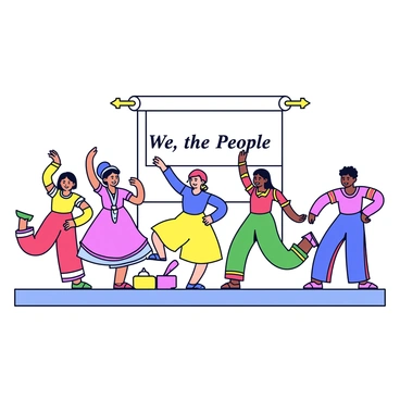 A stage featuring dancers in colorful traditional attire representing various regions of India. Each dancer performs unique movements that symbolize different aspects of the Indian Constitution's creation. The backdrop shows a large scroll with the words "We, the People" prominently displayed. Various props like a quill and inkwell sit nearby, emphasizing the theme of drafting. The dancers are in dynamic poses, illustrating unity and diversity, with intricate footwork and hand gestures conveying the message of justice and equality. The lighting focuses on the performers, enhancing the vibrancy of their costumes and movements.