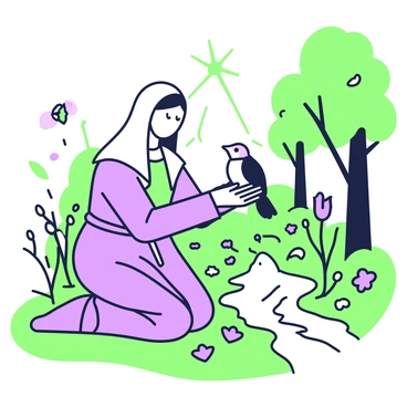 A saint with a flowing robe is kneeling on the ground, gently holding an injured bird in her hands. The bird has a small bandage wrapped around its wing. Surrounding them, there are tall trees with lush leaves and rays of light filtering through the branches. The saint has a look of concentration on her face as she focuses on the bird. Nearby, there are colorful flowers and a small stream flowing quietly. A few butterflies flutter around, adding to the peaceful ambiance of the forest.