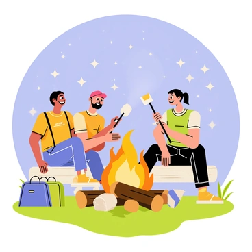 A group of three friends is gathered around a circular campfire with bright orange flames. The friends are smiling and engaged, one of them is holding a long stick with a toasted marshmallow over the fire. The sky above is filled with twinkling stars, creating a beautiful backdrop. The ground is covered in scattered logs and green grass, and a few bags and backpacks are placed nearby. The scene conveys a sense of fun and camaraderie among the friends as they enjoy their time together.