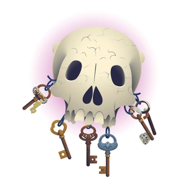 A detailed dog skull is positioned prominently in the center of the image. The skull is aged with intricate textures and cracks, showcasing its antique appearance. Hanging from the jagged teeth of the skull are several antique keys, each of different sizes and designs, featuring ornate patterns and rusted surfaces. The background is a soft gradient that subtly enhances the focus on the skull and keys, providing a contrasting visual depth.