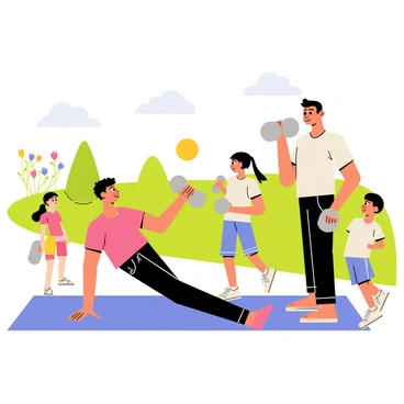 A family of four, including a father, mother, and two children, is engaging in a dumbbell chest press workout in their backyard. The father is lying on a blue exercise mat, lifting a pair of gray dumbbells above his chest. The mother, standing beside him, is demonstrating proper form while holding a single dumbbell. The children, a boy and a girl, are imitating their parents while holding light pink dumbbells. The background features a well-maintained lawn, a colorful flower bed, and a sunny sky. A few trees are visible in the distance, adding to the cheerful atmosphere of the backyard workout.