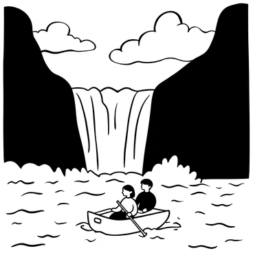 A canoe with two passengers navigating towards a steep waterfall. The water in the river appears turbulent and frothy, with splashes visible as it flows swiftly. Mist rises from the base of the waterfall, creating an immersive atmosphere. Surrounding the scene are tall, rugged cliffs that frame the waterfall, accentuating its height. The sky above is filled with dark, swirling clouds, hinting at an impending storm.