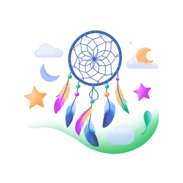 A modern pastel illustration featuring a "dreamcatcher" at the center that has an intricate web design. The dreamcatcher is adorned with "colorful feathers" in shades of blue, pink, and yellow, hanging delicately from the bottom. "Beads" of various sizes and colors, including turquoise and orange, are threaded into the web and suspended among the feathers. Surrounding the dreamcatcher are "colorful dream symbols," such as stars, moons, and clouds, represented in vibrant pastel colors, creating an atmosphere of captured playful dreams.