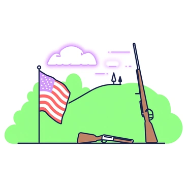 A landscape featuring rolling hills under a clear sky. In the foreground, there is an American flag waving gently on a pole. Next to the flag, a historical rifle rests upright on the ground, showcasing its intricate details and wood grain. The background is filled with lush greenery, and in the distance, there are a few trees dotting the horizon. The scene captures a sense of tradition and history.