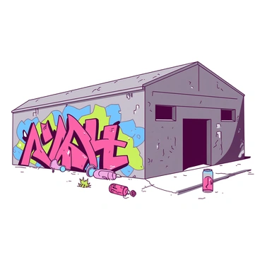A large urban warehouse with a rough, weathered exterior has a vibrant burst of graffiti art displayed prominently on one wall. The graffiti features bold patterns and striking shapes, incorporating a mix of bright colors that create a lively contrast against the gray surface of the warehouse. The artwork includes various abstract designs and stylized letters that flow across the wall. Surrounding the graffiti, there are patches of peeling paint and scattered urban elements like discarded cans and a few small weeds growing from cracks in the ground. The scene captures the dynamic energy of street art in an urban environment.