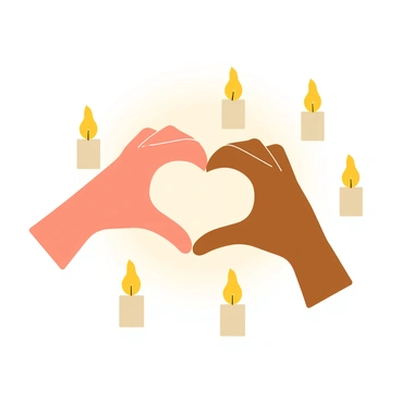 Two hands forming the shape of a heart, positioned in the center of the image. The hands are depicted with smooth skin, one slightly darker than the other, suggesting diversity. Surrounding the hands, there are several small candles with soft flickering flames, casting a warm yellow glow that illuminates the scene. The background features a soft gradient, enhancing the cozy atmosphere created by the candlelight.