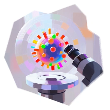 A detailed view of a virus observed under a microscope, showcasing its intricate structure. The virus is spherical in shape and covered in colorful spikes that protrude from its surface. The background features a softly blurred grid pattern of the microscope's lens, emphasizing the virus's texture. The spikes have a gradient of colors, ranging from bright red to deep blue and green, creating a vibrant contrast against the darker central body of the virus. The overall composition highlights the complexity and beauty of the microscopic world.