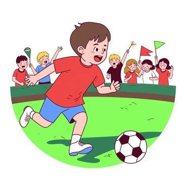 A red-shirted child with short brown hair is running energetically on a green soccer field, focused on a black and white soccer ball in front of them. The child is wearing blue shorts and white soccer cleats, demonstrating an excited expression. In the background, a group of children can be seen cheering enthusiastically, some waving colorful flags. The soccer match is taking place under a bright sky, adding to the vibrant atmosphere of the scene.