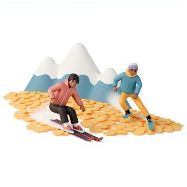 Skiers, wearing vibrant ski outfits with bright colors, are gliding down a slope made of banana chips. One skier, dressed in a red jacket and black pants, is performing a dynamic turn, with snow-capped mountains in the background. Another skier, in a blue jacket and yellow pants, gracefully descends while smiling. The slope is covered with a thick layer of golden banana chips, creating a unique texture under their skis. Sunlight reflects off the chips, adding a warm, inviting glow to the scene.