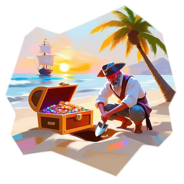 A pirate with a weathered face and a tricorn hat is in the act of burying a large wooden treasure chest on a sandy beach. The chest is overflowing with sparkling jewels, gold coins, and ancient artifacts. The pirate is kneeling in the sand, using a shovel to dig a hole while looking around cautiously. The beach has gentle waves lapping at the shore, and there are palm trees swaying in the breeze. In the background, a distant ship is anchored in the sparkling water. The sun is setting, casting an orange glow over the scene.