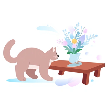 A cat with soft fur is curiously inspecting a delicate ikebana flower arrangement displayed on a wooden table. The arrangement features various flowers and foliage arranged artistically, showcasing a blend of colors and textures. The wooden table has a warm tone that complements the colors of the flowers. A small, gentle shadow is cast on the table from the arrangement, adding depth to the scene. The atmosphere is calm and focused on the interaction between the cat and the floral display.