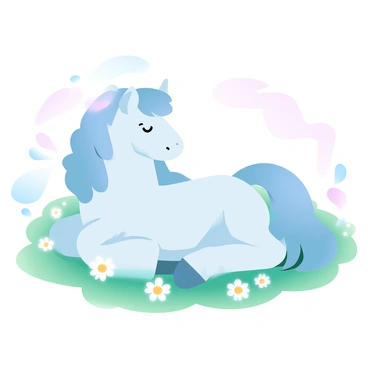 A pony is lying comfortably in a sunny spot, surrounded by vibrant green grass. The pony has a soft, fluffy mane that gently sways with the gentle breeze. Delicate daisies bloom around the pony, their white petals contrasting with the bright green of the grass. The sunlight creates a warm glow on the scene, enhancing the peaceful atmosphere. The pony’s body is relaxed as it enjoys the tranquility of the environment.