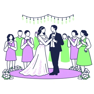 A bride and groom are sharing their first dance at a reception. The bride is wearing a flowing white gown with delicate lace details, and her hair is styled elegantly. The groom is dressed in a classic black tuxedo with a bow tie. They are surrounded by a warm glow created by a canopy of glowing lights above them, suspended from the ceiling. The dance floor is adorned with white flowers arranged in elegant bouquets at the edges. Guests are standing around, capturing the moment with their smartphones and smiling as they watch the couple's joyful celebration.