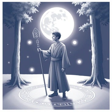 An explorer dressed in flowing robes stands in a clearing illuminated by a full moon. The figure holds a staff adorned with intricate carvings, and their face displays a look of concentration. Surrounding the explorer are several glowing orbs, hovering in the air and casting soft light. The ground is covered with ancient symbols arranged in a circle. Tall trees frame the scene, their leaves rustling gently in the night breeze. A sense of mystery fills the atmosphere as the explorer prepares to engage in the ritual.