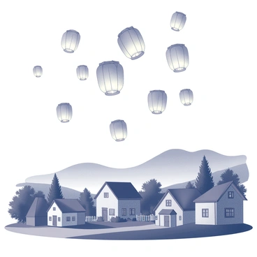Paper lanterns floating up into the sky over a peaceful village