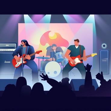 A band is performing on a dark stage with colorful, dramatic lighting illuminating them from various angles. The lead singer, with long black hair and a leather jacket, is gripping a microphone stand while passionately singing. Next to him, a guitarist with a red electric guitar is playing an intense solo, his face reflecting the energy of the performance. The drummer is in the background, surrounded by a set of shiny silver drums, focused on keeping the rhythm. 

The stage is surrounded by thick fog, and silhouettes of fans can be seen in the foreground, their hands raised in excitement. Large amplifiers and speaker stacks frame the scene, adding to the atmosphere of the live performance. An electric blue and purple light beams cut through the fog, creating a striking visual effect as they shine on the band members. The backdrop depicts a fiery graphic image, enhancing the intensity of the music video scene.