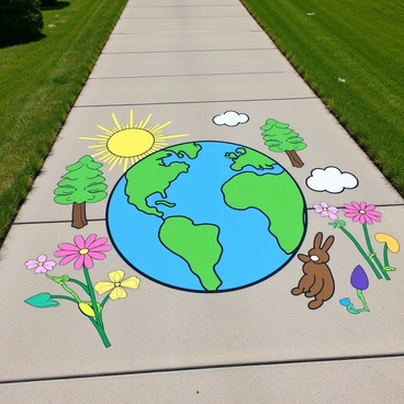 A large, vibrant chalk drawing on a concrete sidewalk featuring a detailed depiction of "Earth" at the center. The globe is illustrated in blue and green, representing the oceans and landmasses. Surrounding the Earth are colorful drawings of various elements of nature, including "tall green trees" with broad leaves, "bright flowers" in shades of pink, yellow, and purple, and "playful animals" like a small brown rabbit and a colorful butterfly. Sunlight is represented by "yellow rays" radiating from one side of the Earth, and fluffy white clouds float nearby. The overall scene is bright and inviting, creating a cheerful atmosphere.