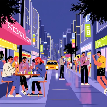 A busy city street at night filled with people and cars. Bright neon signs in various colors, such as pink, blue, and green, illuminate the scene. A group of friends is laughing and enjoying drinks at an outdoor café, with colorful glowing glasses on their table. A street musician is playing guitar nearby, surrounded by a small crowd of listeners. In the background, tall buildings are adorned with vibrant neon lights, creating a lively urban atmosphere. The sky is a deep blue, and the pavement reflects the colorful lights, enhancing the nightlife vibe.