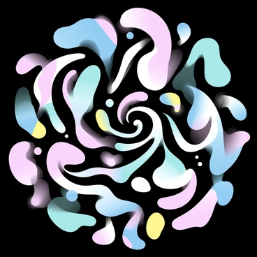 A black background features a mesmerizing swirl pattern created by finger painting. The swirls consist of a gradient of pastel colors including soft pinks, blues, greens, and yellows. The colors blend seamlessly into one another, creating a smooth transition throughout the pattern. The swirls vary in thickness, with some flowing into intricate loops while others form larger, sweeping arcs. The overall composition is vibrant and dynamic, drawing the viewer's eye across the canvas.