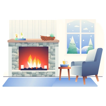 A cozy Danish living room features a large fireplace with glowing flames, surrounded by a stone mantel with rustic decorations. On the mantel, several white candles are lit, casting a warm glow throughout the space. A comfortable armchair, upholstered in soft, textured fabric, is placed next to a small wooden side table. The side table holds a steaming cup of tea and a stack of books. The walls are adorned with light-colored wood paneling, and a plush area rug covers the wooden floor, adding to the inviting atmosphere of the room. A window showcases a view of a serene winter landscape, with snow gently falling outside.