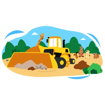 A yellow bulldozer with a large metal blade is actively shaping the terrain in a zoo environment. The machine is surrounded by piles of earth and rocks, displaying the transformation of the landscape into new animal habitats. Nearby, a group of curious animals stands watching the work being done. A giraffe stretches its neck to get a better look, while a couple of meerkats peek out from their burrows. Various trees and bushes are scattered around, enhancing the natural feel of the zoo. The sky is bright blue, adding to the lively atmosphere of the scene.