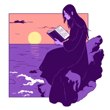 A character dressed in a long, flowing black cloak is sitting on the edge of a rocky cliff, deeply engrossed in reading a gothic book. The sunset in the background casts a warm orange glow across the sky, blending with hints of deep purple as the day transitions to night. The character's long hair flows gently in the evening breeze, and their expression is focused and contemplative. Below the cliff, waves crash against the rocks, creating a sense of movement in the tranquil scene. The book is open, displaying intricate illustrations that reflect the gothic theme.