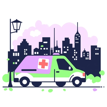 A medical transport van is parked under a street lamp. The van has a large red cross emblem on its side. The light from the street lamp casts a glow on the van, illuminating its features. In the background, there is a city skyline filled with tall buildings, some featuring antennas and lights illuminated against the night sky. The area around the van is quiet, with a few scattered leaves on the ground. The scene conveys a sense of calm amidst the urban environment.