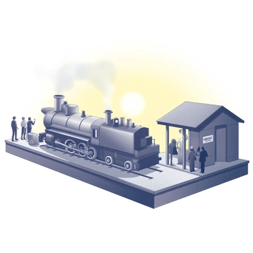 A vintage train with a steam locomotive is approaching a small station. The train has a shiny metal exterior with large wheels and billowing steam coming from the smokestack. The station features a wooden platform, with a small rustic building that has a sloped roof and a sign displaying the station's name. Passengers are on the platform, some waving their hands in farewell, while others are carrying luggage. The setting sun casts long shadows and creates a warm ambiance as it sinks behind the horizon, with the sky transitioning into shades of yellow and black.