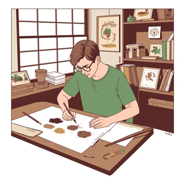 A man with short brown hair and wearing glasses is sitting at a wooden desk in a well-lit studio. He is using traditional tools such as a pencil, ink pen, and brushes to create vintage-style illustrations on a sheet of textured white paper. Surrounding him are shelves filled with various art supplies, including jars of ink and stacks of sketchbooks. The walls of the studio are adorned with framed vintage illustrations and sketches, showcasing his artistic inspiration. Sunlight streams through a window, casting soft shadows across the workspace. The atmosphere is focused and creative.