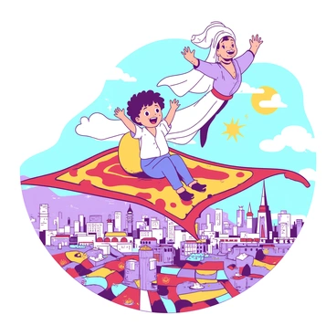 A child and a genie flying over a city on a colorful magic carpet