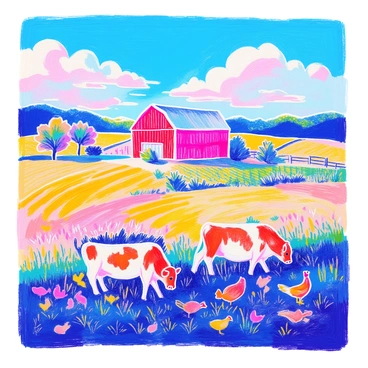 A picturesque farm features a large "red barn" at the center of the scene. Surrounding the barn are expansive "fields of crops" in various shades of green and gold, arranged in neat rows. In the foreground, a group of "cows" grazes peacefully on the grass, while some "chickens" peck at the ground nearby. The sky above is a bright blue with "fluffy white clouds" scattered throughout. Sunlight bathes the entire scene, creating a warm and inviting atmosphere.