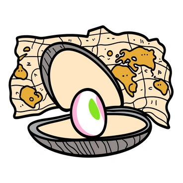 An open oyster shell displaying a large, lustrous pearl nestled within its smooth interior. The oyster shell has a textured surface with subtle shades of cream and gray. The pearl is iridescent, reflecting shades of white and soft pink hues. The background features an antique world map with muted colors, highlighting the continents and oceans in intricate detail. The map's edges are slightly worn, adding a sense of age and history to the image.