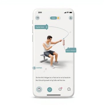 A digital fitness app screen displaying an animated sequence of the "seated row" exercise. The screen features a bright, user-friendly interface with a clear layout. In the center, there is an animated figure demonstrating the seated row. The figure has a muscular build and is wearing a fitted tank top and shorts. The figure pulls a resistance cable towards the torso while sitting on a bench with feet planted firmly on the ground. Progress indicators and text boxes surround the animation, showing step instructions such as "Sit with back straight," "Pull the cable towards you," and "Return slowly." A timer is visible at the top, counting down, while colorful icons for repetitions and sets are displayed on the side.