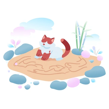 A cat with a fluffy coat is carefully raking patterns in the sand of a zen garden. The cat's paws gently disturb the smooth surface, creating intricate designs. Surrounding the cat are carefully placed rocks and small plants, enhancing the serene atmosphere of the scene. In the background, a few tall bamboo stalks sway slightly, adding to the peaceful environment. A soft, gradient pastel sky can be seen above, transitioning from light blue to soft pink, suggesting a calm time of day.