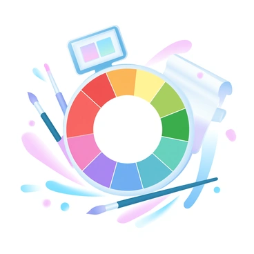 A large color wheel is positioned prominently in the center of the image, featuring a vibrant spectrum of hues arranged in a circular pattern. The colors transition smoothly from one to another, creating a gradient effect from red to violet. Several paintbrushes are scattered around the base of the color wheel, each dipped in various colors. At the top of the color wheel, a digital device is displaying an interface, suggesting that AI is selecting hues for an illustration. The background is softly blurred to emphasize the color wheel and the brushes.