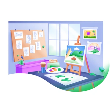 An artist's workshop with sketches of figures on one side and illustrations on the other