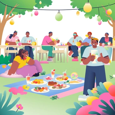 A vibrant garden party is set in a lush green space filled with colorful flowers. Groups of diverse people are gathered, smiling and engaging in conversation. Some individuals are holding refreshing drinks in clear glasses adorned with slices of fruit. Colorful lanterns in various shapes and sizes are hanging from the trees above, casting a warm glow over the scene. A large picnic blanket is spread on the grass, featuring an assortment of appetizers arranged on decorative platters. In the background, there are tall wooden tables with festive tablecloths, holding more refreshments and decorations. Brightly colored balloons are tied to the chairs, adding to the cheerful atmosphere.