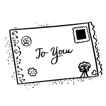 A beautifully decorated envelope placed flat on a textured surface. The envelope features intricate patterns along the edges and is adorned with unique stamps of various shapes and sizes. Each stamp displays different designs, including floral motifs and abstract shapes. The envelope showcases elegant calligraphy in the center, with the phrase "To You" artistically written. A delicate wax seal is visible in one corner, adding an extra touch of detail.